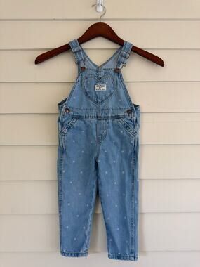 Vtg OshKosh Bgosh Heart Print Denim Overalls Girls 2T 90s Y2K Heart Bib Pocket